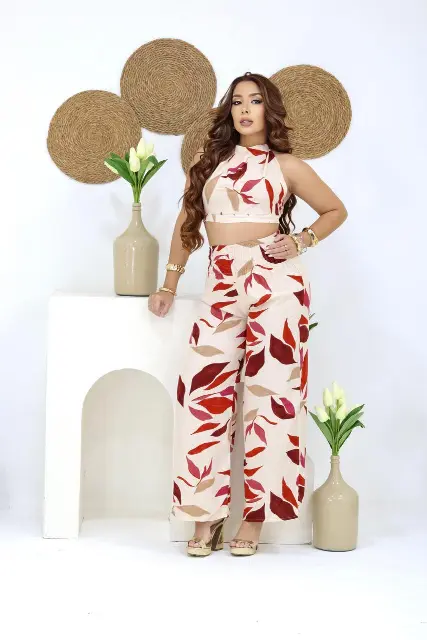 Conjunto Calça Pantalona e Cropped Viscose Estampado